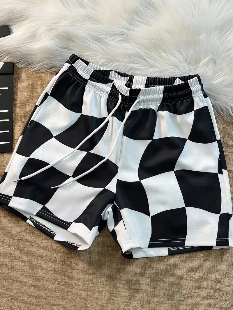 

Мужские повседневные шорты Y2K с полосатым клетчатым принтом, на шнурке, свободного кроя, для уличного стиля, на каждый день, спортивные, модные, с цветовыми блоками