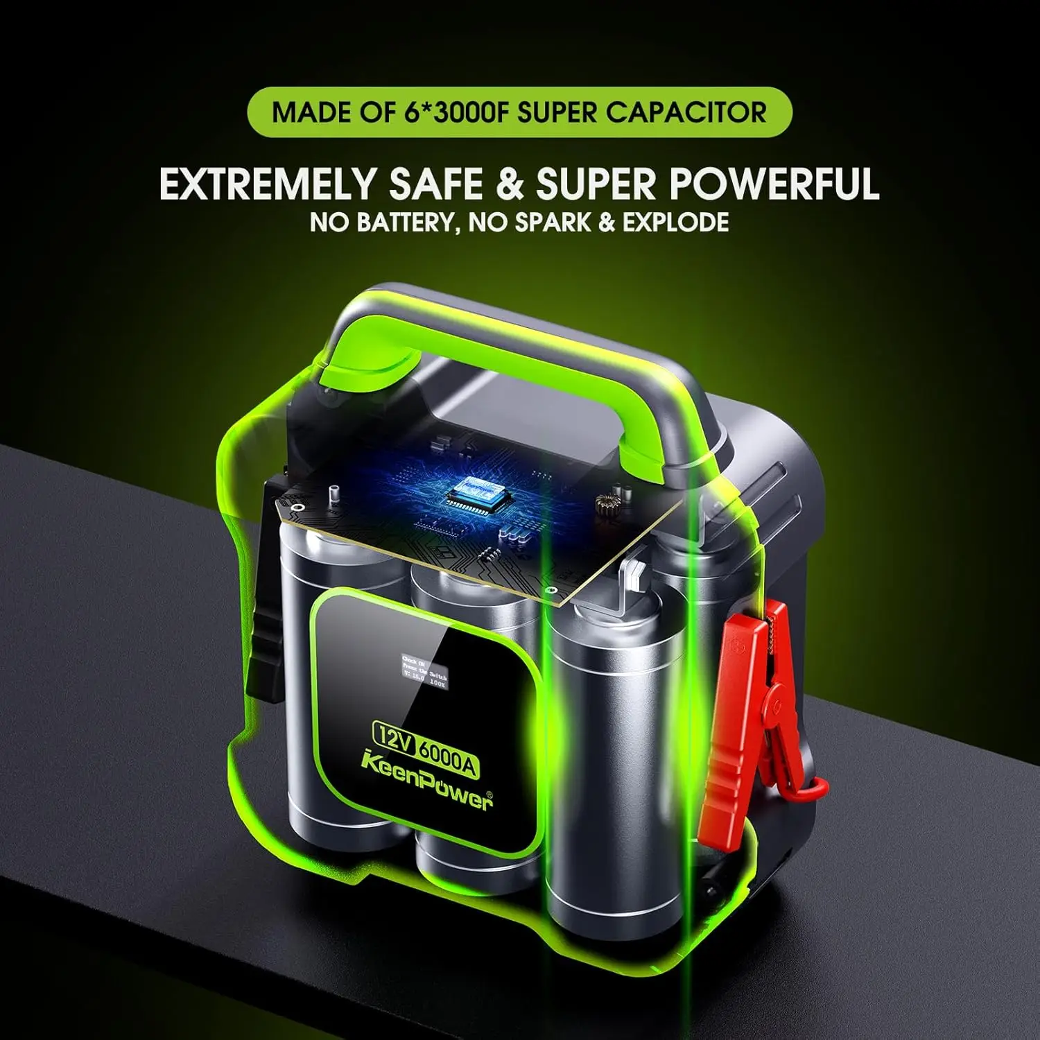 6000A Super Capacitor Battery-Less Portable Jump Starter for 12V Car, Built-in 6 * 3000F