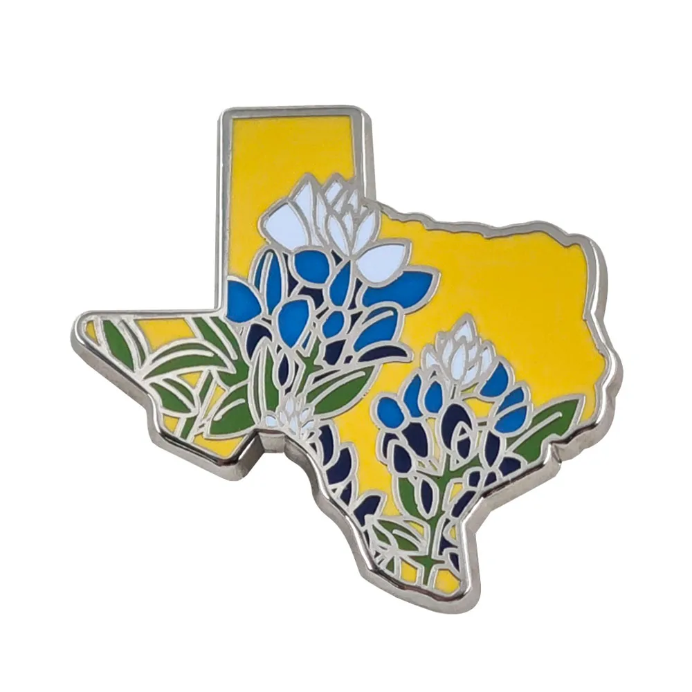 Texas Bluebonnet Emaille-Pin in Form einer Staatskarte, Blumenbrosche, Metallabzeichen, Anstecknadel, US-Reisesouvenir, Schmuckgeschenk für texanische Freunde – Detail 1
