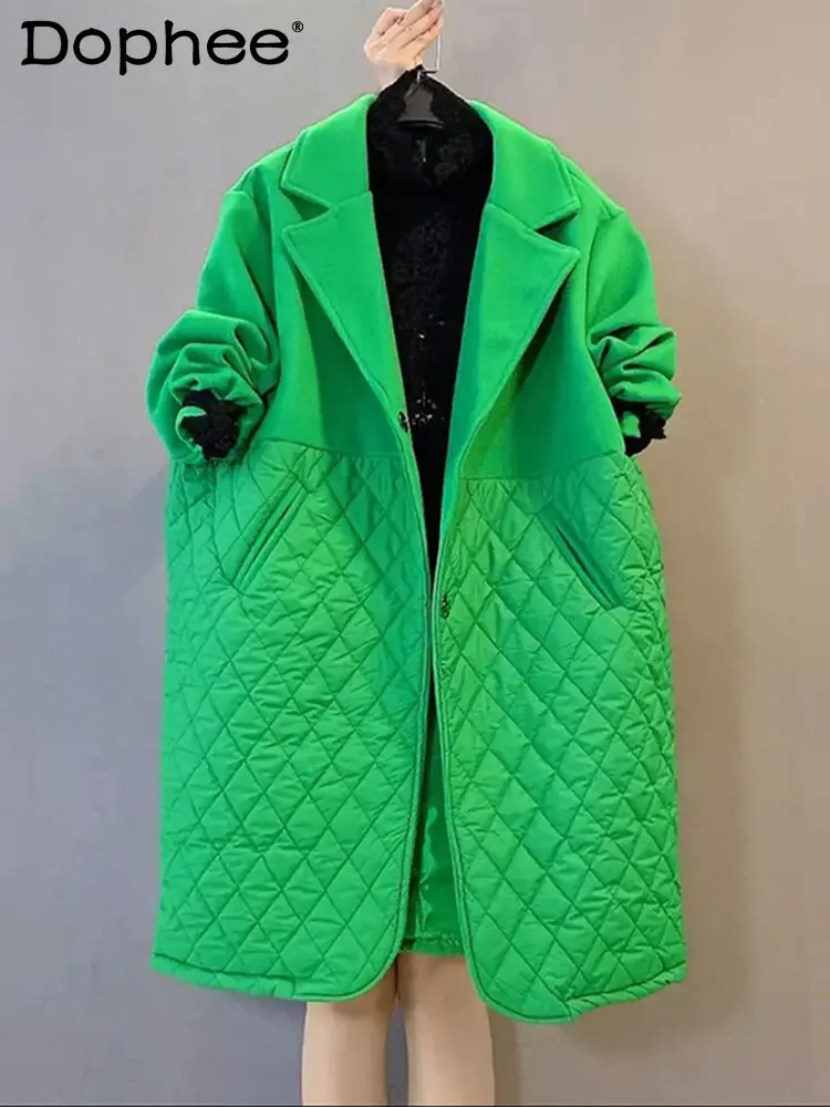 Oversized Woolen Coat Patchwork Rhombus Cotton-Padded Coat Mid-Length Suit Collar Cotton Jacket 2022 Winter Autumn New Clothes