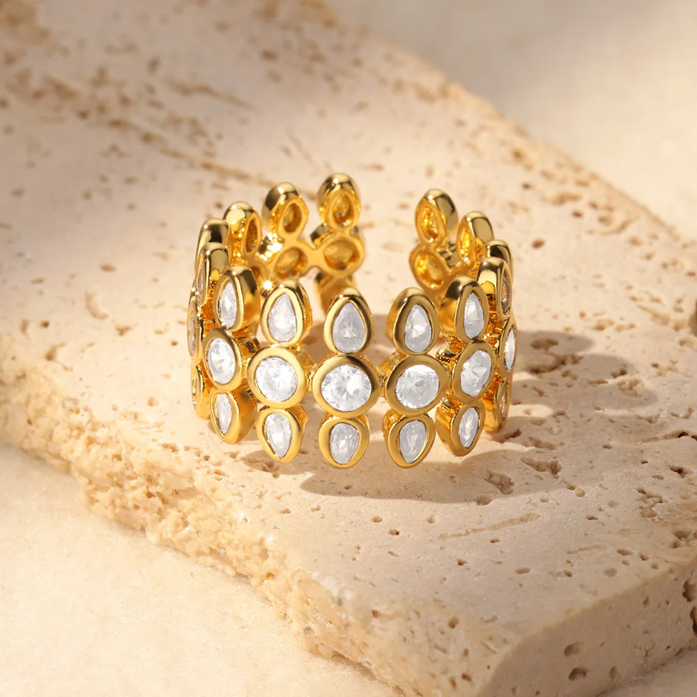 White Zircon Geometric Stainless Steel Rings For Women Gold Color Adjustable Wedding Aesthetic Ring Jewelry Gift Accessories