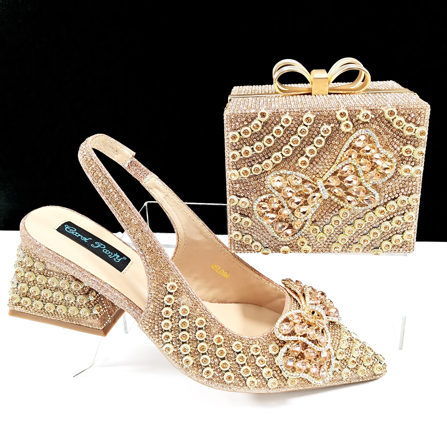 Women Elegant Champagne Rhinestone Shoe & Matching Box Clutch Set, Bow Decor Pointed Toe Slingback Block Heels for Wedding