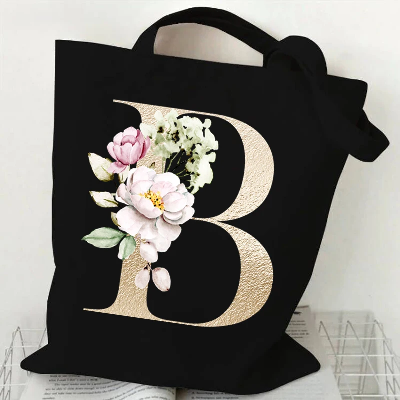 Flower English Alphabet Graphic Women Canvas Shopping Bags Gold Color Lettering A B C D Shoulder Bag Mobile Phone Travel Bags