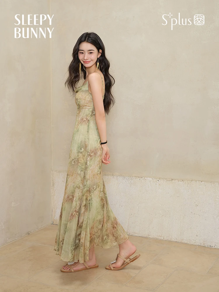 Vintage Tie-DyeชีฟองMaxiชุดผู้หญิงฤดูร้อนElegant Slim CamiชุดเอวสูงยาวSundress Beach Holidayชุด