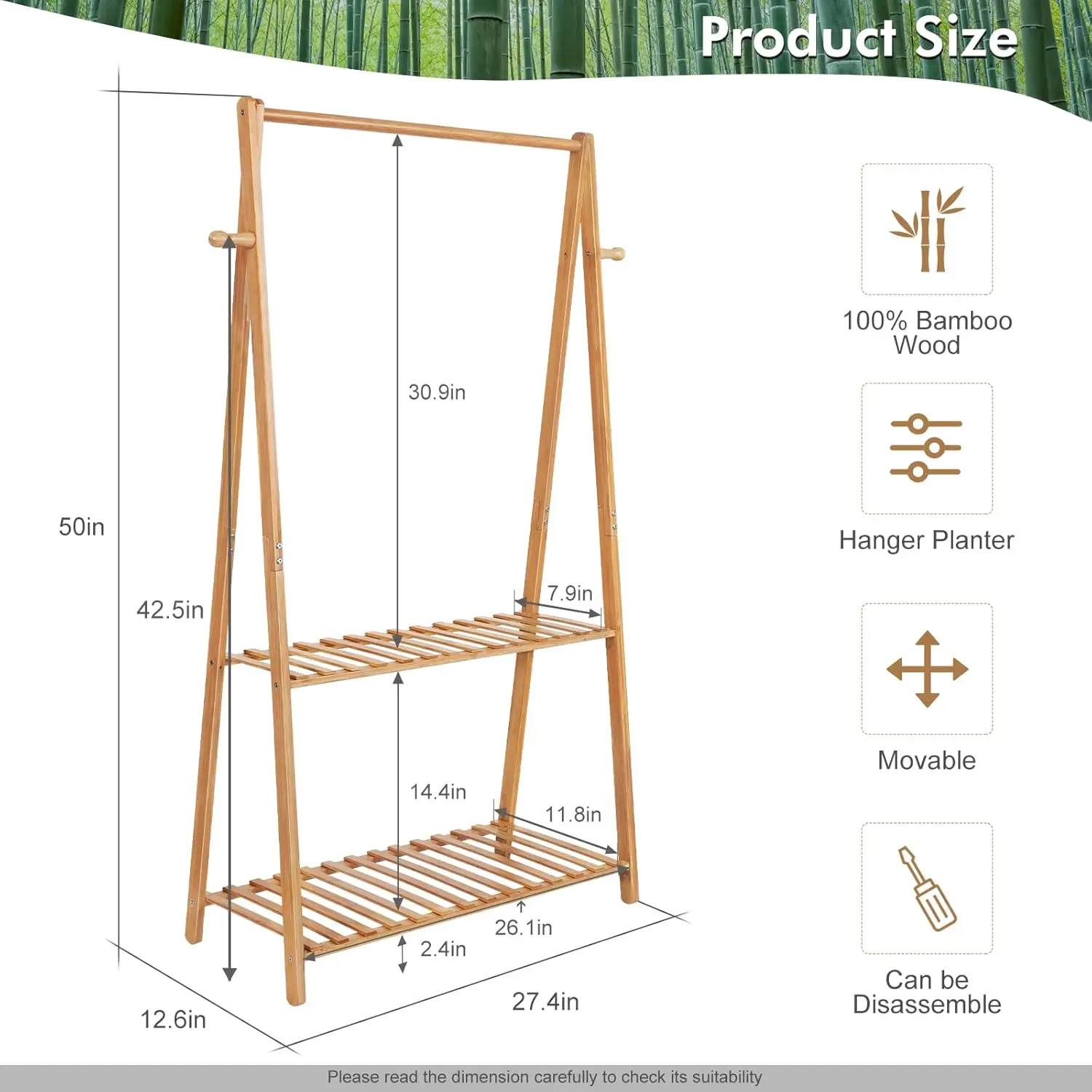 Portable Bamboo Kids Clothes Rack with Shelves, Movable Drying Organizer for Toddler Clothing Storage