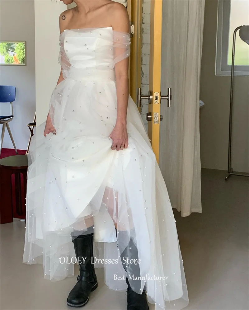 OLOEY A Line Tulle Korea Wedding Dresses With Bolero Pearls Strapless Floor Length Bridal Gowns Corset Back Korea Photoshoot