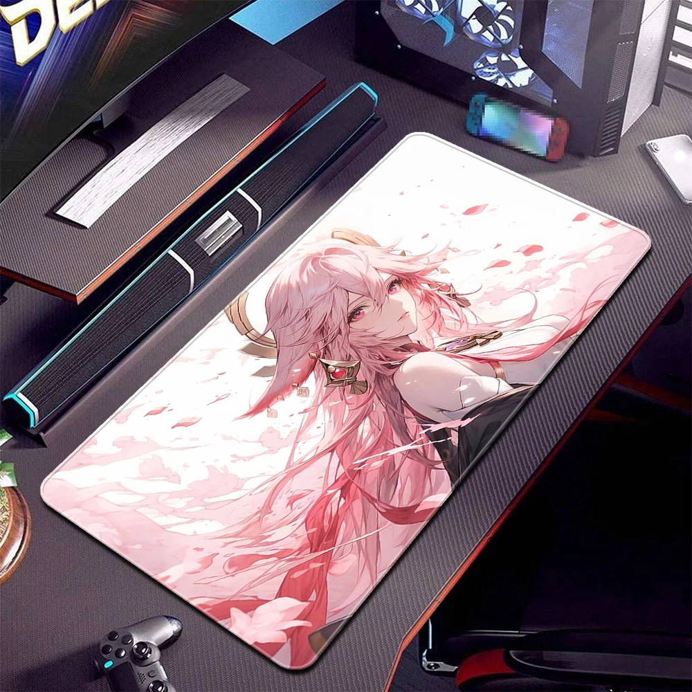 

Anime Genshin Impact Gaming Mousepad XXL Large Mouse Pad Yae Miko Locking Edge Mouse Mat HD Print Computer Desk Pad Keyboard Mat