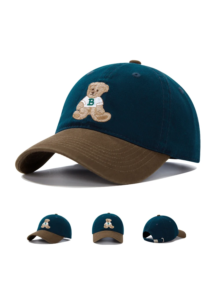 

Spring and Summer Cute Bear Embroidery Cotton Baseball Cap Hat Men's and Women's Big Size Color Matching Peaked Cap Snapback