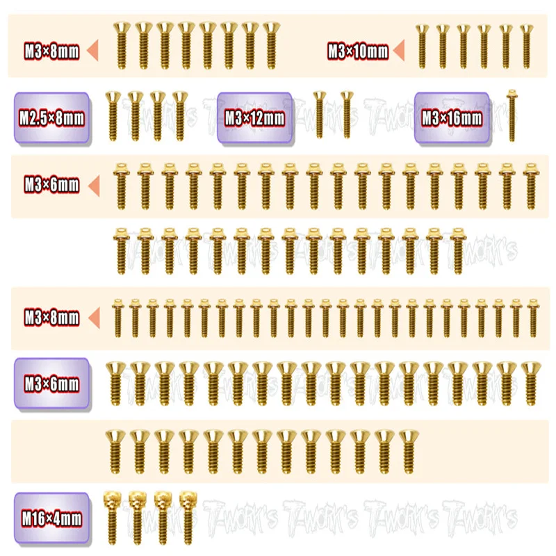 

Original T works GSSU-XQ10F Gold Plated Steel UFO Screw Set 114pcs. ( For XPRESS XQ10F ) Professional Rc part