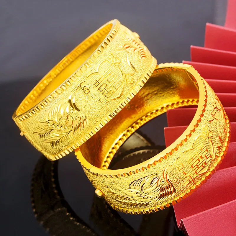 

24k Yellow Gold Plated Engraved Dragon Phoenix Matte Bracelet Ladies Bridal Wedding Engagement Gold Jewelry Bracelet Gift