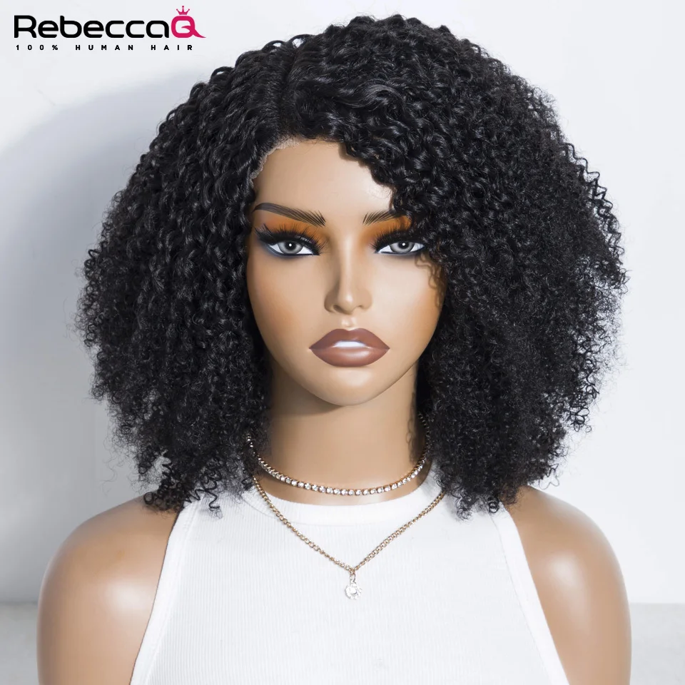 RebeccaQ wig rambut manusia keriting Jerry depan renda 13x5x1 ketebalan 250% wig gaya Bob pendek Remy untuk rambut Remy warna alami 14 inci