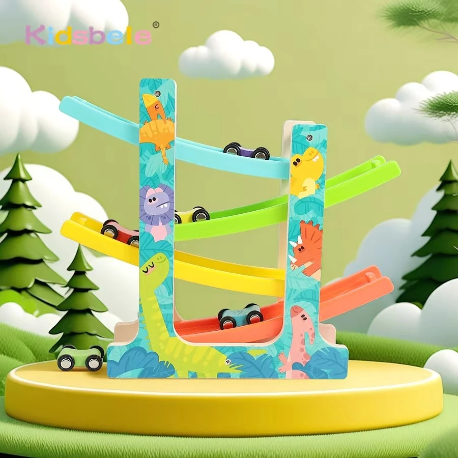 Montessori Multicolor 4-Track Car Ramp Toy with 6 Mini Cars Christmas Gift Party Presents Toddlers Wooden Fine Motor Puzzle Toy