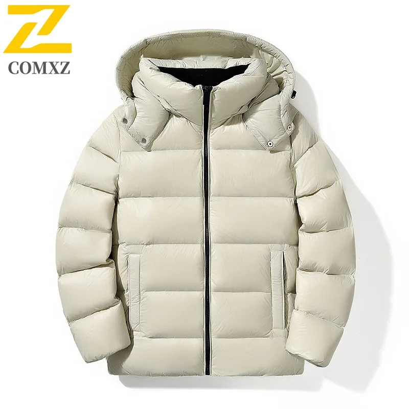 COMXZ Men sofeshell Down Jacket Hooded 90 Percent White Duck Down Warm Parka Outdoor Climbing Windproof Winter Windbreaker 2025