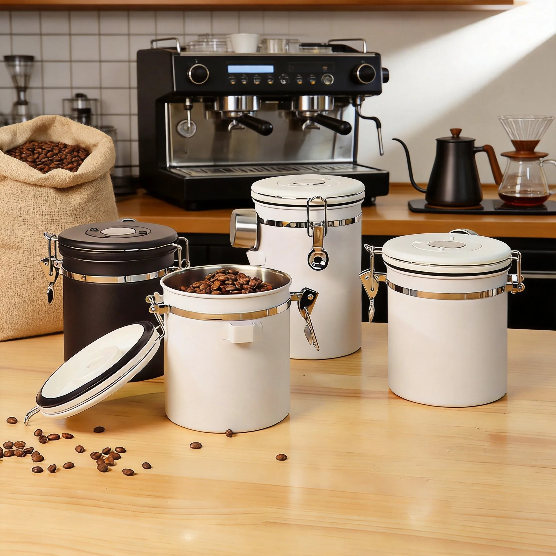 Stainless Steel Coffee Canister Airtight Storage Jar with One Way Valve Date Tracker Coffee Spoon for Coffee Bean Ground Tea
