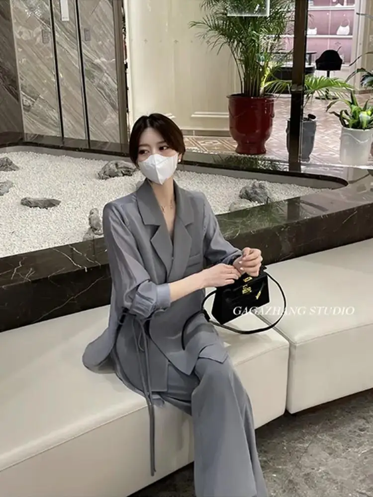 Blazer à lacets en dentelle creuse pour femme, pantalon large, ensemble 2 pièces élégant, tenues décontractées de bureau, printemps