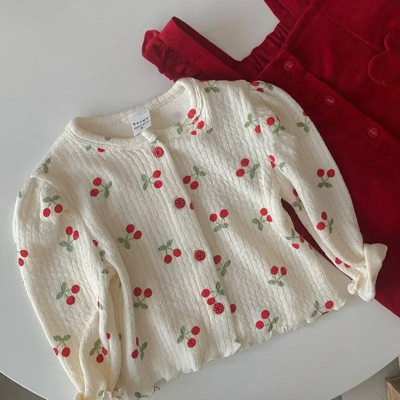 Korean Children's Clothing, Girls' Babies, Spring and Autumn Children's Sweet Bubble Sleeves, Top, Cherry Thin Base, Jacket