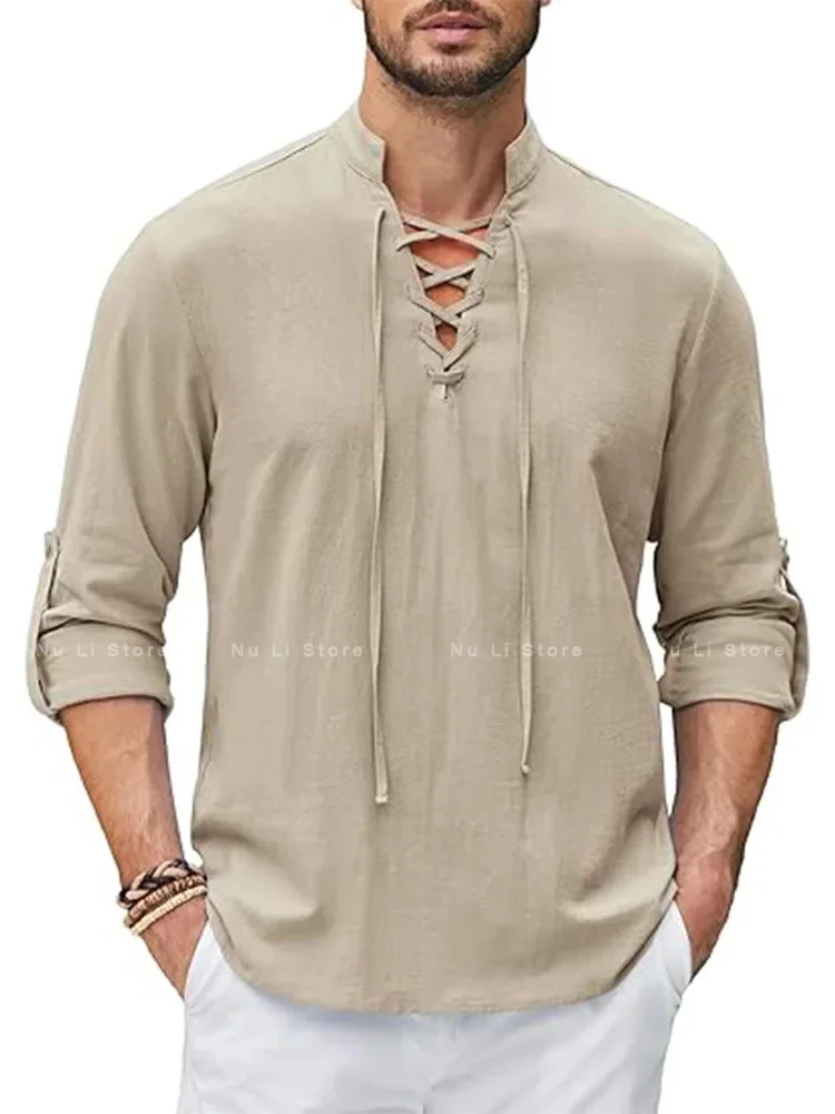 Men Long Sleeved Halloween Costume Men's Renaissance Shirt Pirate Medieval Viking top Cotton Linen Shirts