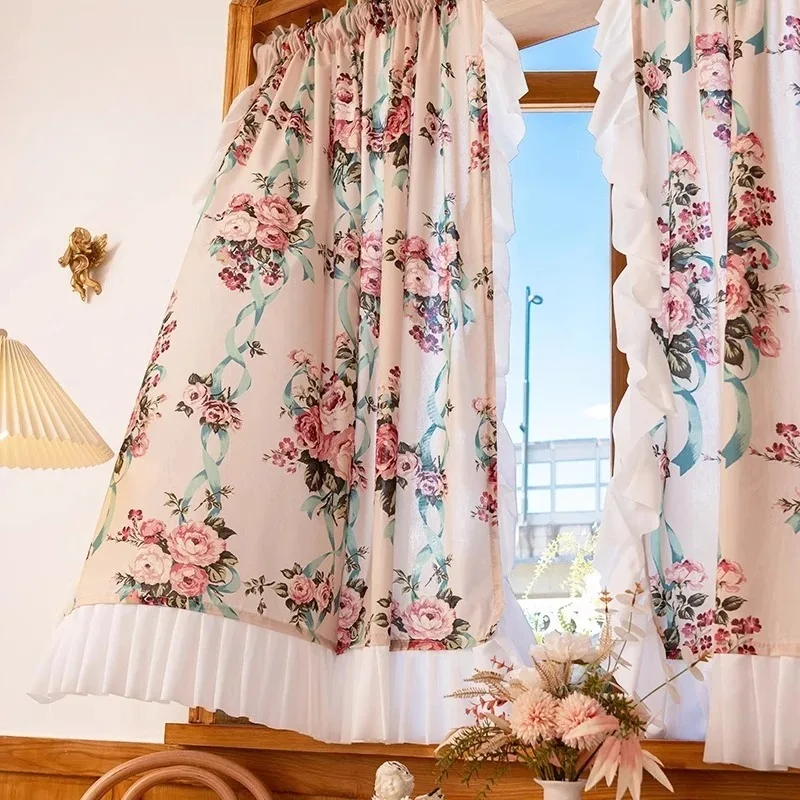 Merci Store French Romantic Retro Pastoral Princess Curtains Tulle for Living Room High Blackout Window Ruffle Half Drapes
