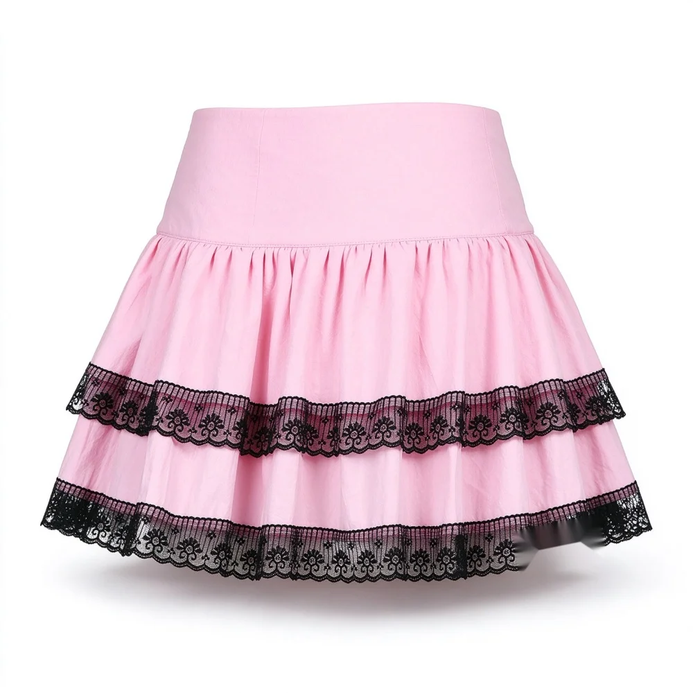 Women Vintage Gothic A-line Skirt Pink Double Lace Stitched Design Harajuku Academy Style Sweet Casual Skirt Daily Street Wear