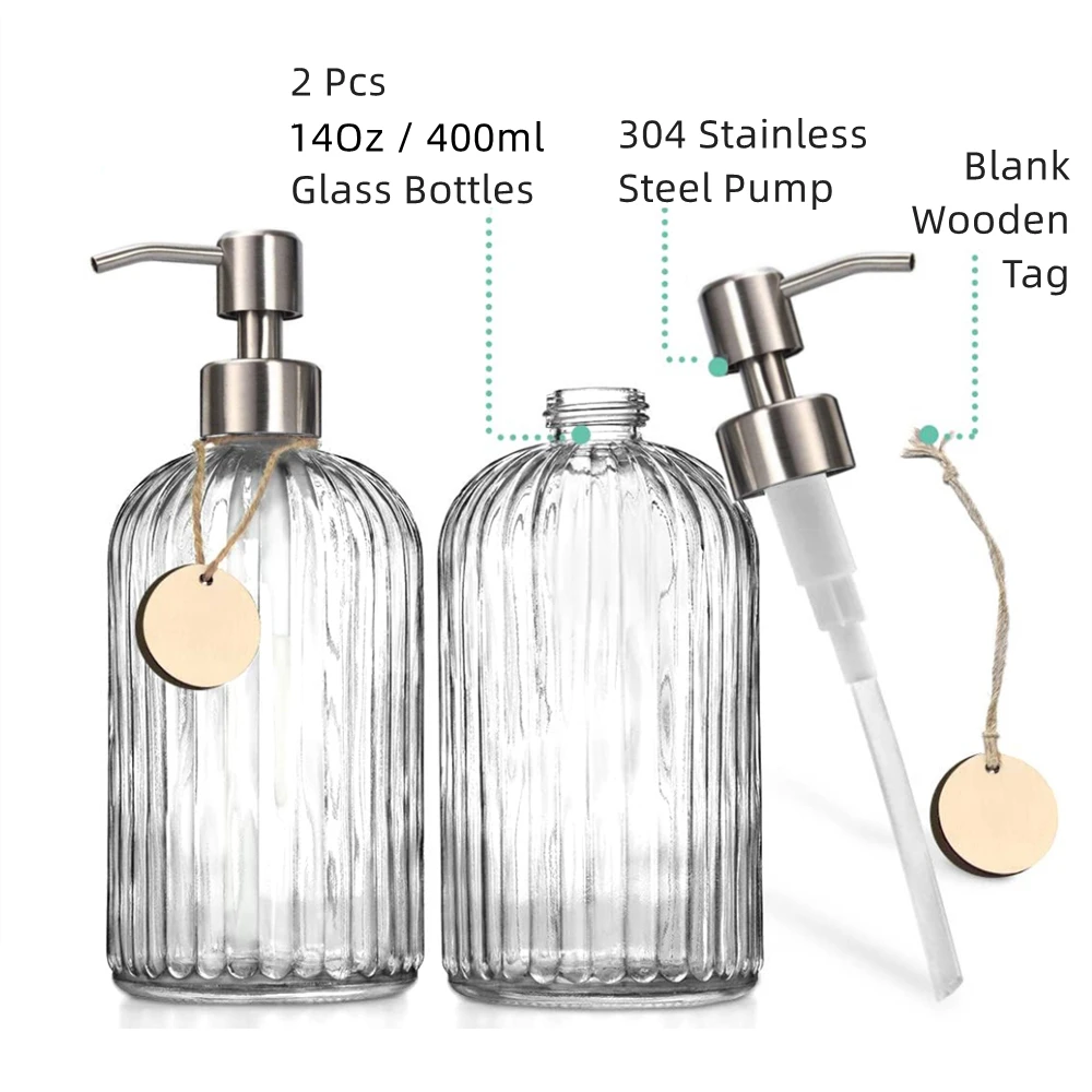 Liquid Soap Dispenser, Glass Hand Soap Dispenser for Bathroom, Pump Bottle Dispenser for Kitchen Sink Dish Wash, 2pcs 400ml 14oz