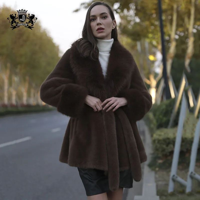 Winter Vintage Brown Fluffy Faux Mink Fur Coat With Belt Elegant Luxury Chic Thick Warm Soft Women Jacket Furry Overcoat