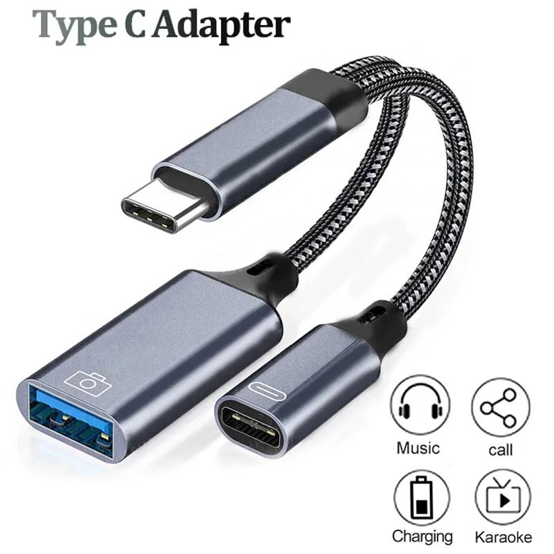 USB C OTG Cable Adapter 2 In 1 Type C to USB A Adapter With PD Fast Charging Port Splitter For Huawei Xiaomi Phone Laptop Tablet