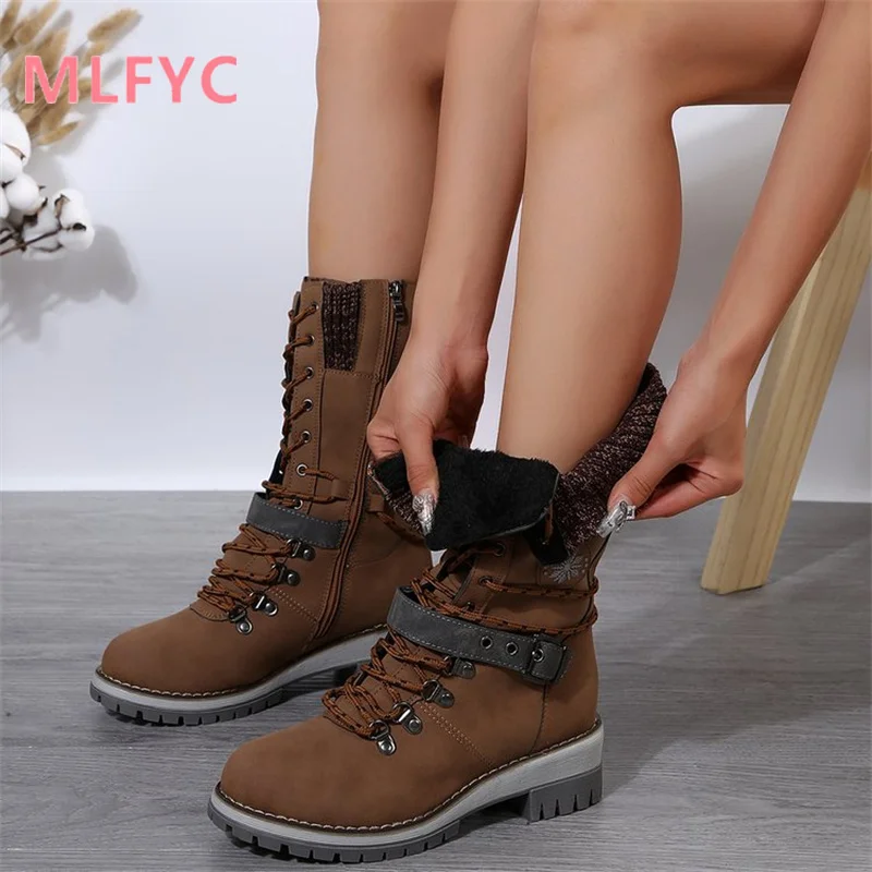 

Large mid size women's boots 2023 winter new round toe square heel lace up wool for anti slip and warmth protection