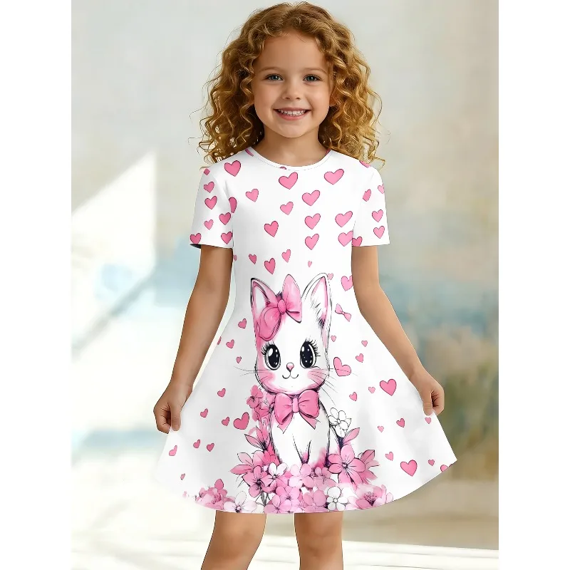 Niedliches Katzen- und Rosa-Herz-Motiv Bedrucktes T-Shirt-Kleid, Kinder-Tierliebhaber Blumen-Freizeitkleid Geeignet für Geburtstagsgeschenke