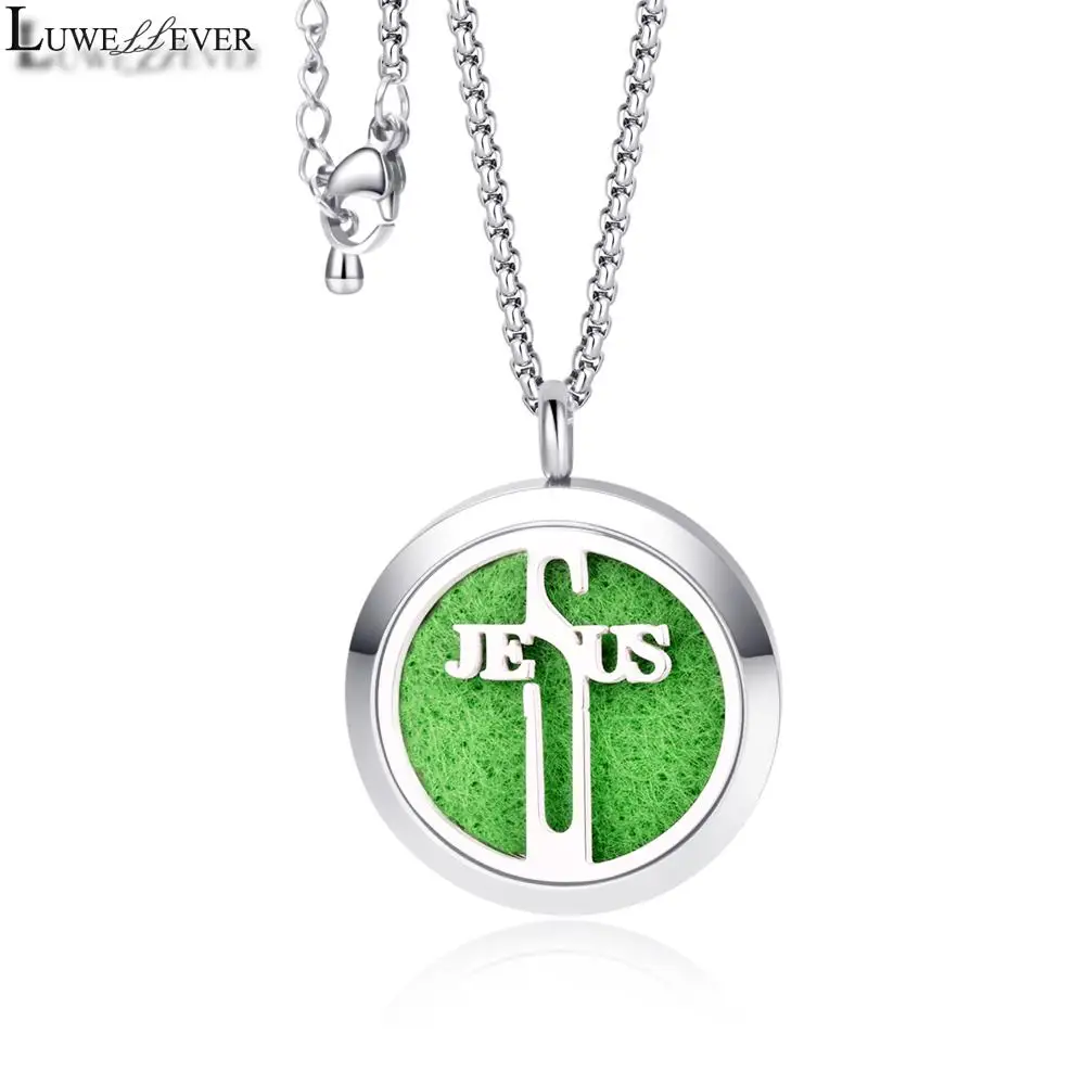 All Stainless Steel Jesus Cross Wing Wave Air Freshener Perfume Oil Diffuser 30mm Locket Jewelry Pendant Necklace For Women Men