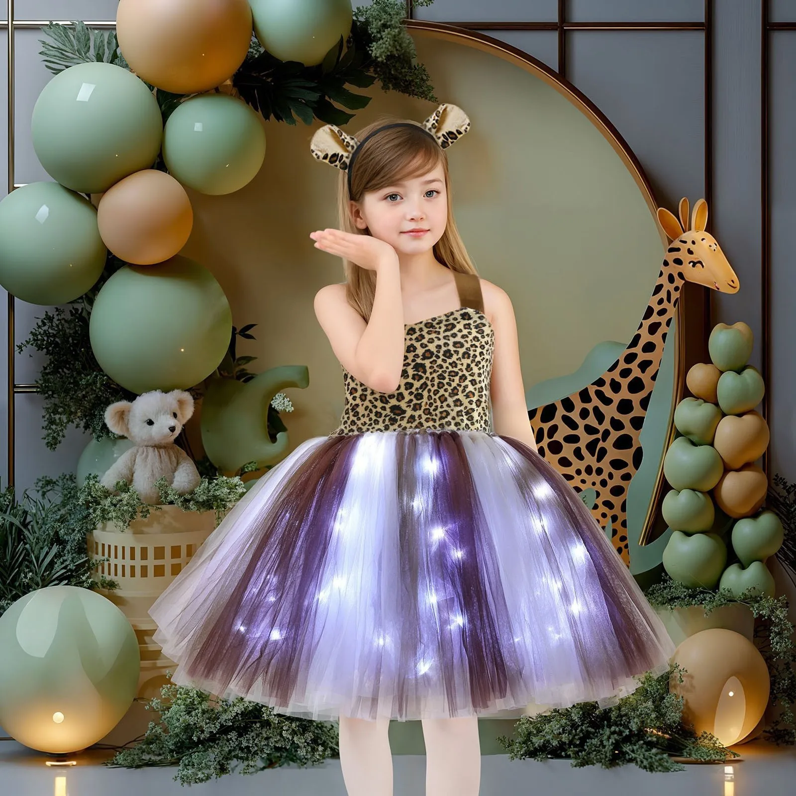 4pcs Dresses for Girls Halloween Party Cute Cheetah Cosplay Costume Sequins LED Lights Sleeveless Mesh Tutu Dress Girls Dress