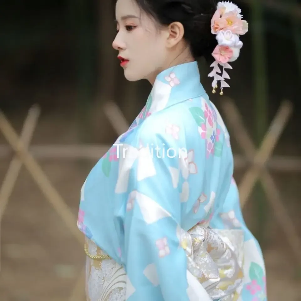 Kimono azul de estilo japonés para mujer, vestido tradicional mejorado, Yukata, bata elegante fresca de verano, disfraz de Geisha para Cosplay fotográfico