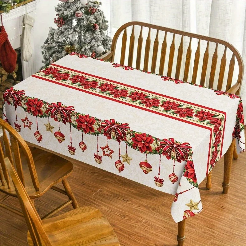 Christmas Poinsettia Floral Tablecloth for Table Decorations Winter Xmas Balls Kitchen Dining Table Cloth Navidad Decorations
