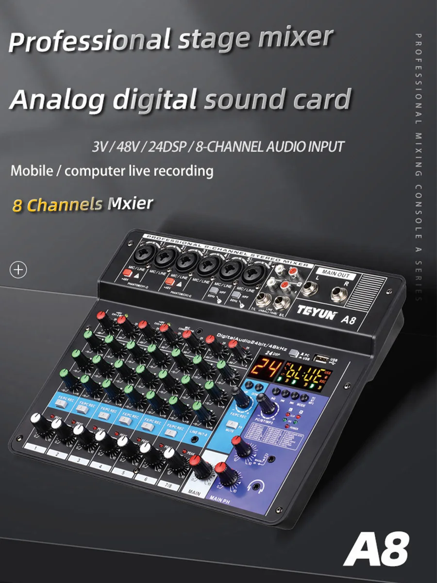 Top! A8 Audio Mixing Console Sound Table Board with 8 Channel, USB, Bluetooth, Digital MP3 Computer Input, 48V Phantom Power