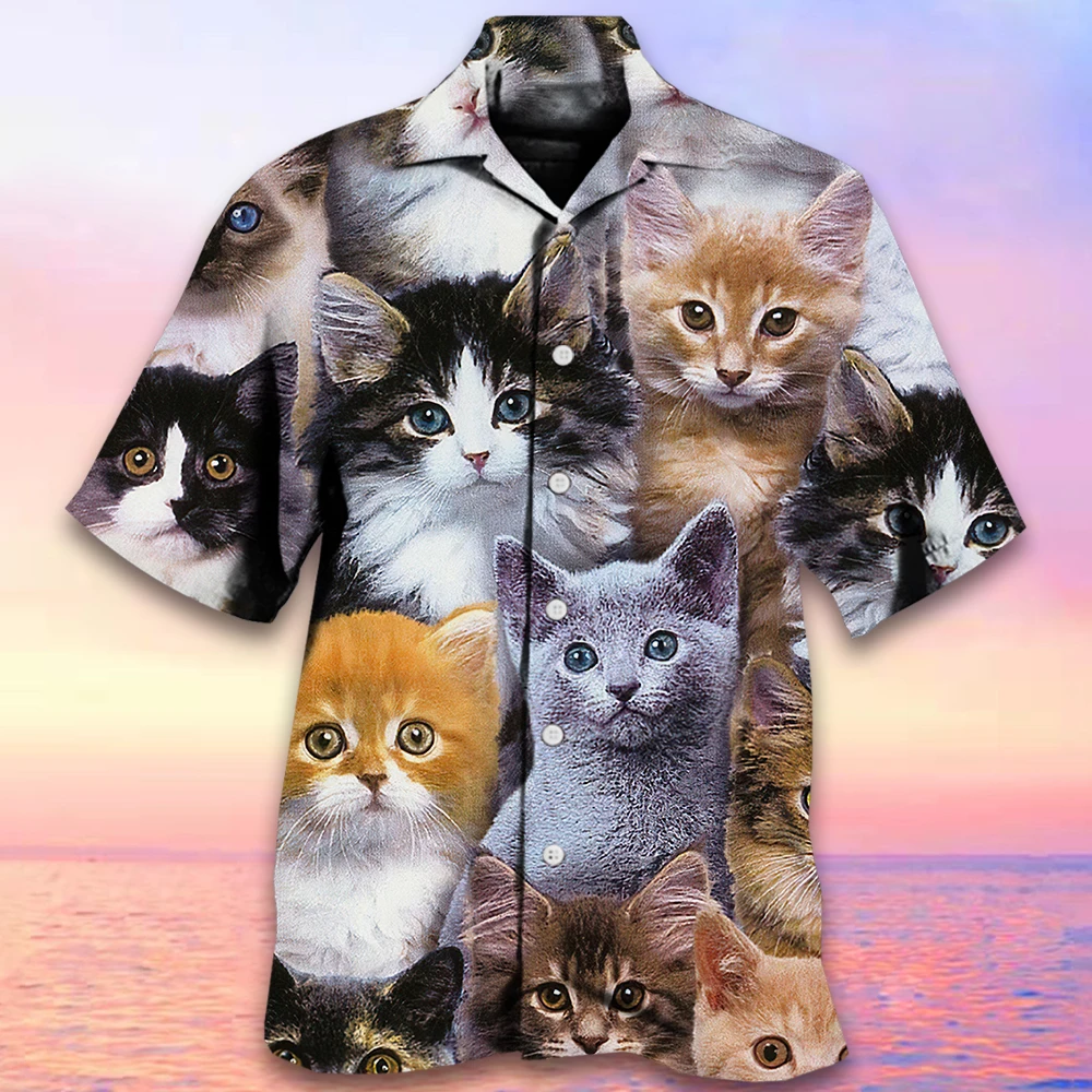 Mode Heren Shirts 3d Cat Print Cubaanse Kraag Shirt Zomer Casual Korte Mouwen Shirt Voor Heren Top Oversized Hawaiiaanse Shirts 2024