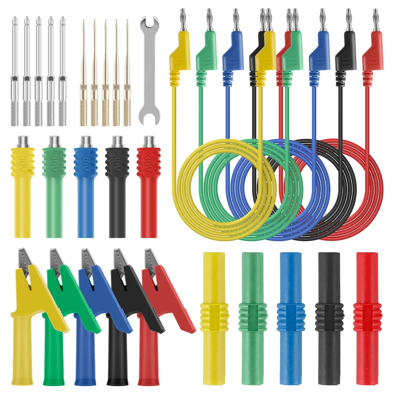 

30Pcs P1036 5PCS 1M Stackable Dual 4mm Banana Plug to Banana Plug Multimeter Test Leads Cable Kit 1000V/19A 5 Colors Alligator