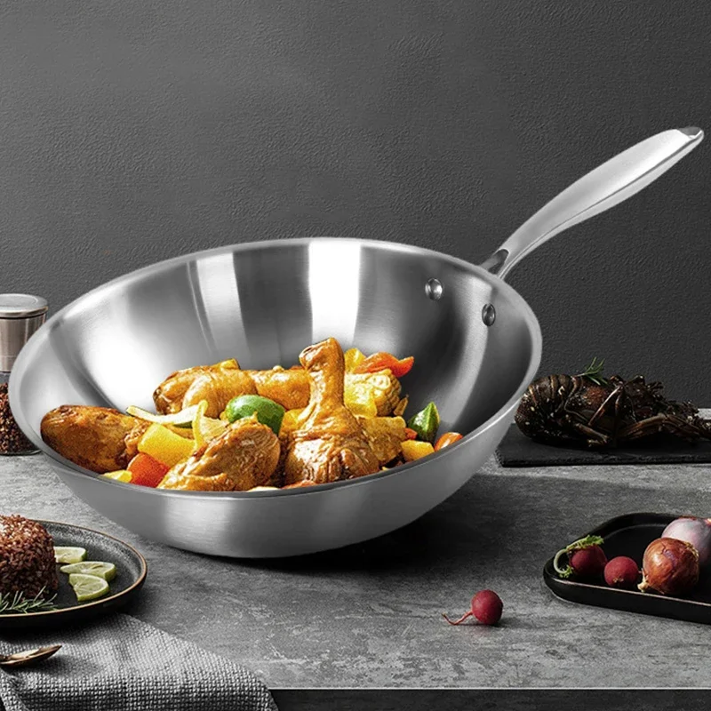 Tri-Ply 12.6 Inch Stainless Steel Wok Pan with Lid Stir-Frying Pan Induction Wok Dishwasher and Oven Safe Detachable Handle