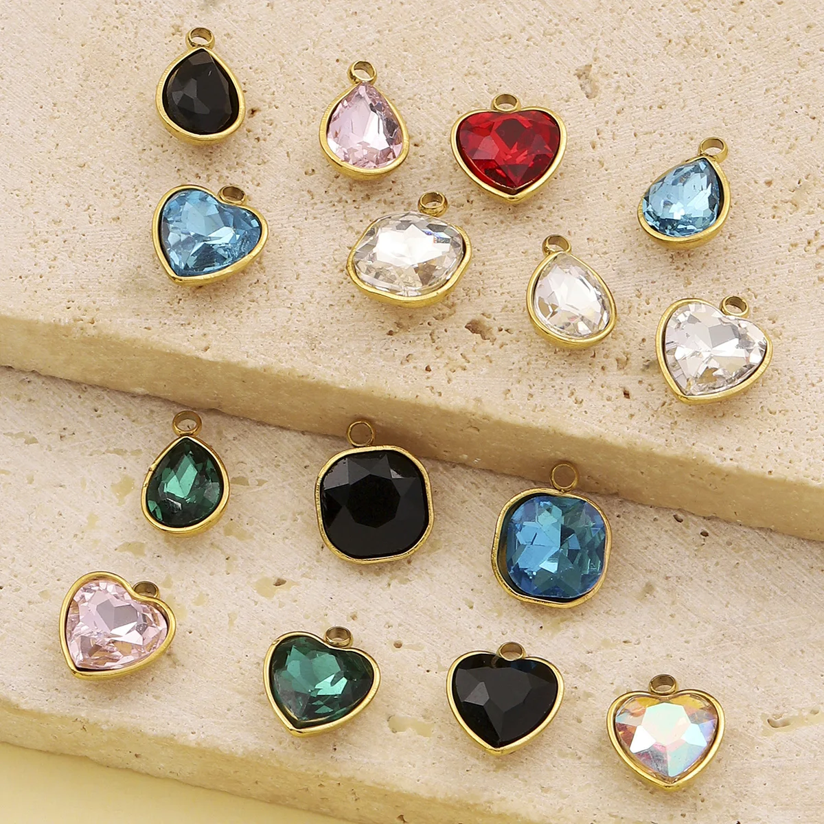5Pcs/Lot Stainless Steel Glass Stone Heart Charms Waterdrop Pendants For DIY Making Necklace Jewelry Accessory Wholesale