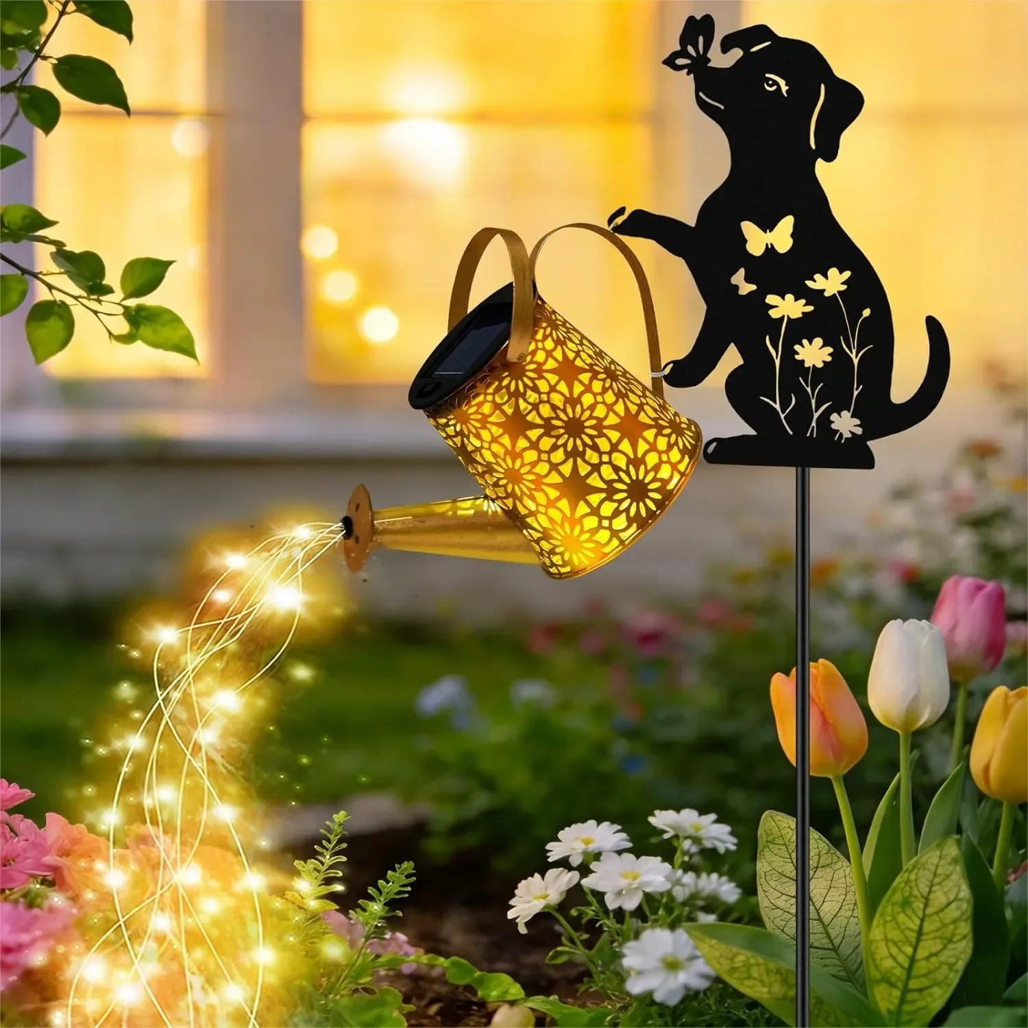 

Solar Watering Can Lights Outdoor with Dog Silhouette Stake, Garden Gifts for Mom, Women & Garden Lovers Waterproof Metal