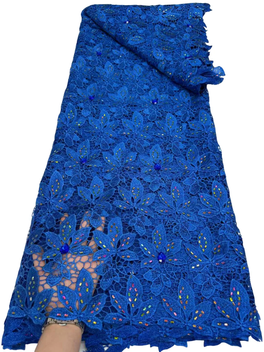 

African Colorful Diamond Guipure Cord Hollow Out Lace Fabric Blue Water Soluble Lace Gem Fabric Nigerian Mesh For Woman Dresses