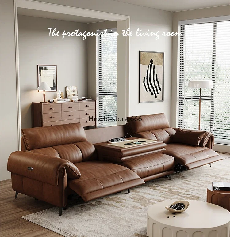 Italian minimalist first-floor cowhide living room small apartment three-person straight row functional sofa image 2