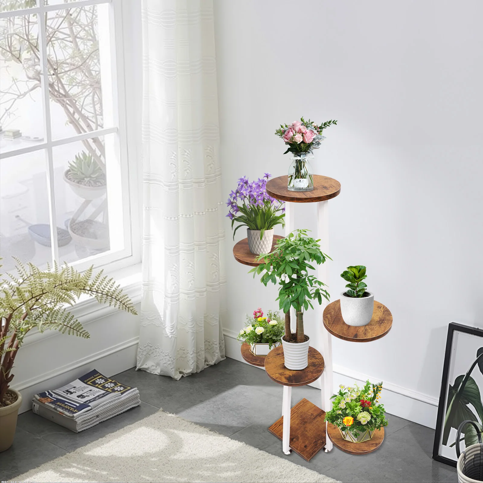 7-stufiger Blumenständer, weiß/schwarzer Blumentopfständer, Pflanzenständer und Pflanzenregal, Präsentationsständer für das Wohnzimmer – Detail 4