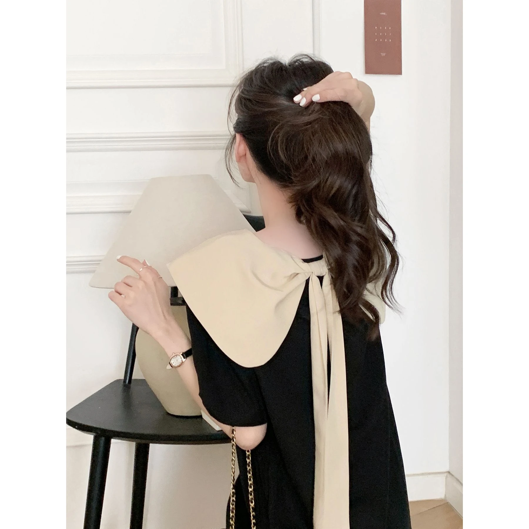 plus Size Black Hepburn Style Dress Slimming Waist A-Line Skirt Cute Collar Three-quarter Sleeve Other Material 100% Women's ...