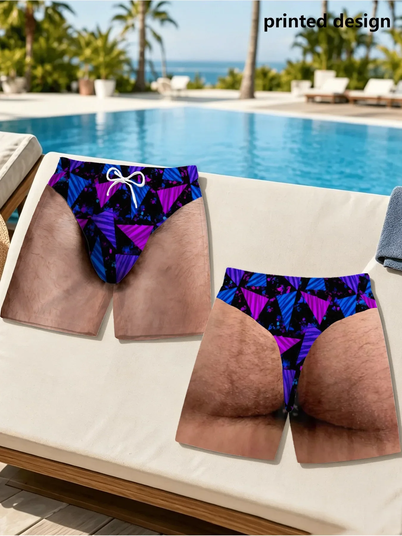 Humor Visual Trick Mens Boardshorts Retro African Tribal Geometric Print Fake Skin Leg Effect Beach Swim Shorts