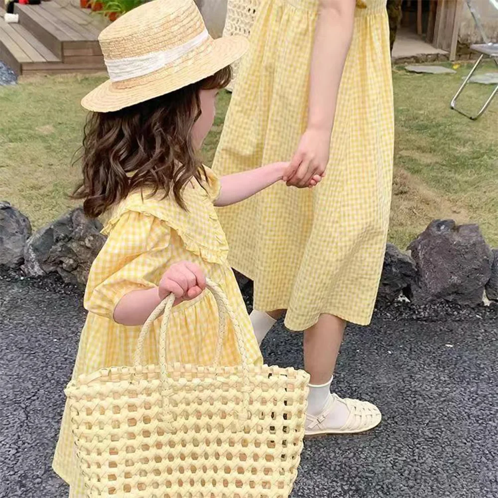 Bear Leader 2023 Summer Parent-child Casual Girl Plaid Polo Neck Bubble Sleeve Dress Mother Daughter Ruffled Soft Princess Dress