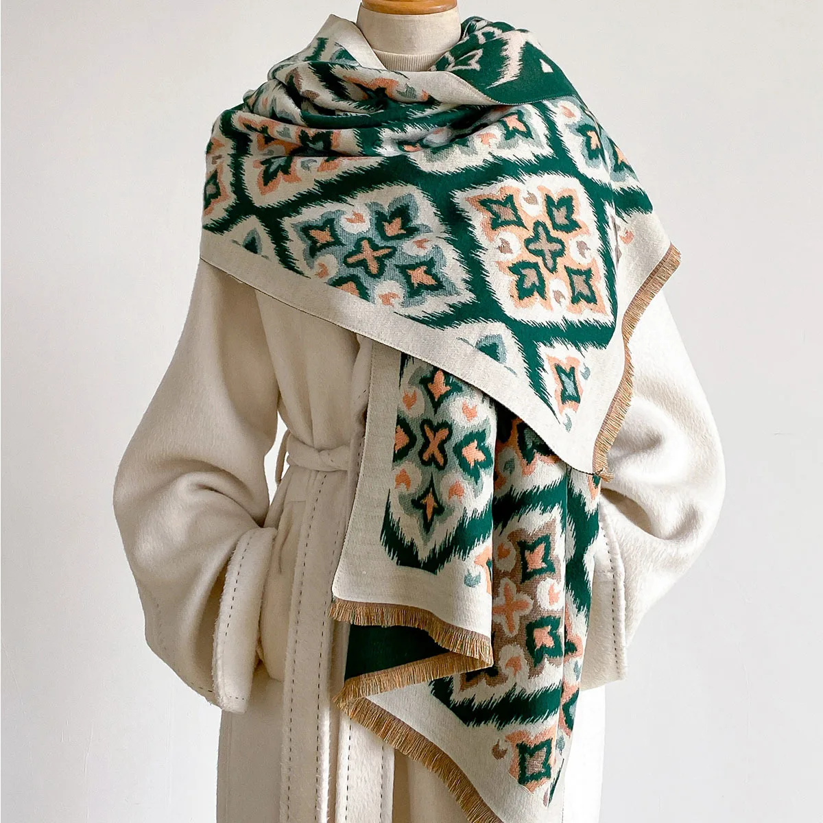 Women Reversible Imitation Cashmere Scarf Winter Thick Warm Vintage Large Blanket Shawl Wrap Floral Print Ladies Neck Scarves