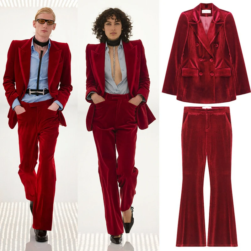 Velvet Women's 2 Piece Suit Double Breasted Jacket Burgundy Party Tuxedo Pants Set costume deux pieces femme