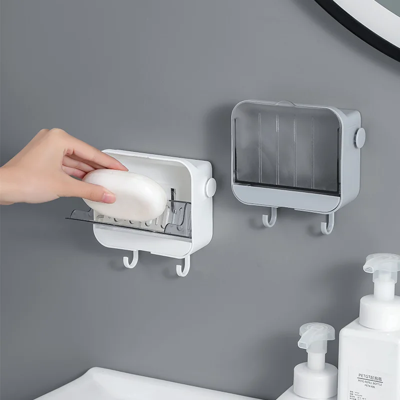 Wall Mounted Drain Soap Dish Holder Bathroom Waterproof Open Lid Soap Rack Dish Storage Box Travel Organizer Case with Hooks