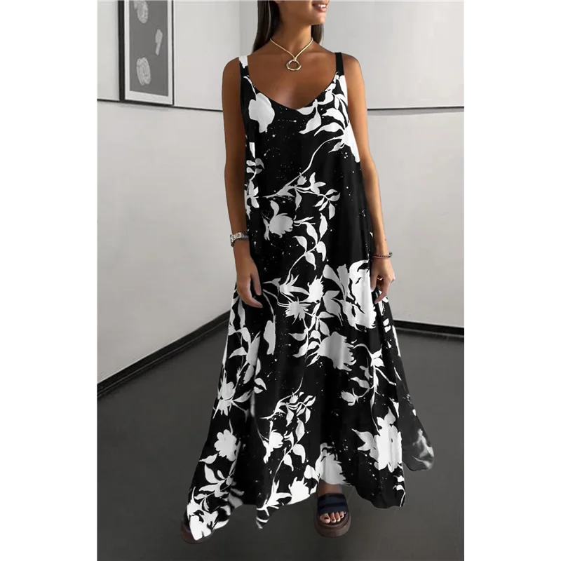 【Dekoracja na Imprezę】 Sukienki Damskie Letnie na Cienkich Ramiączkach Bez Rękawów z Dekoltem w Serek Sukienka Letnia Boho Kwiatowa Wakacyjna Sukienka Maxi Sukienka na Szelkach
