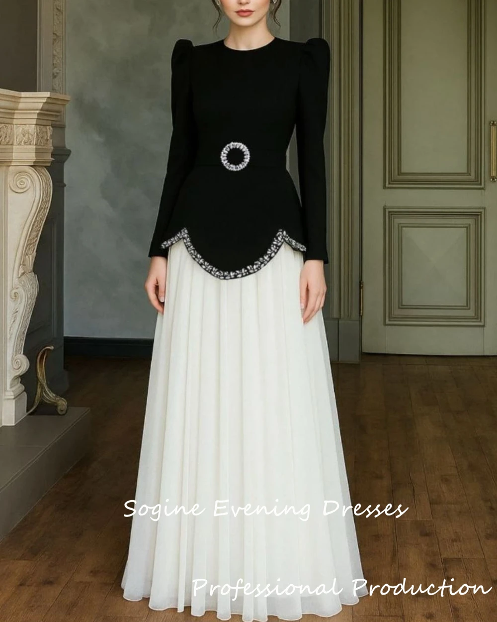 Robes de bal formelles en crêpe et mousseline de soie pour femmes élégantes robes de soirée noires-blanches ornées de cristaux robes de soirée