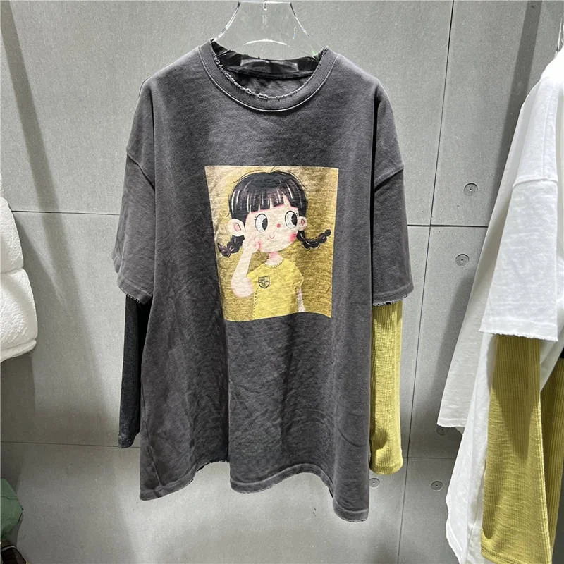 

Брендовая женская футболка с длинным рукавом, с принтом, имитация двухслойности, в корейском стиле, с круглым вырезом, из полиэстера, хлопка и спандекса